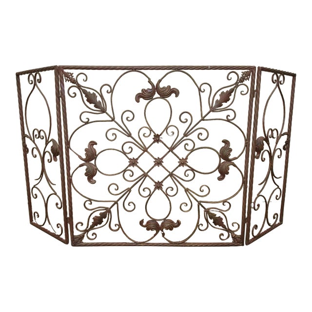 Vintage Three Panel Brown Metal Fireplace Screen Scrolls & Flourishes For Sale