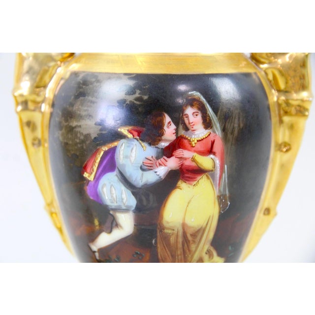 Pair of Old Paris Gilt Porcelain Decorative Vases With Romantic Scenes For Sale In New York - Image 6 of 14