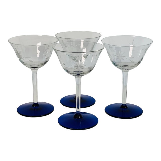 Vintage 1960s Cobalt Footed & Floral Etched Clear Coupe Stems, Set of 4 For Sale