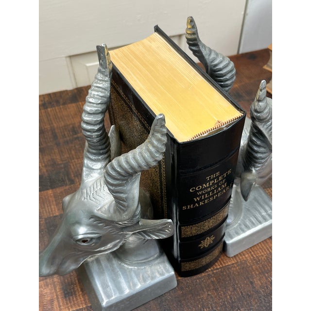Silver Arthur Court MCM Antelope Gazelle Bookends Silver Weighted Metal Amber Eyes For Sale - Image 8 of 11