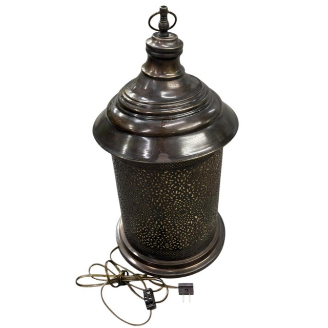 2000 - 2009 Vintage Moroccan-Style Pierced Brass Table Lantern Lamp For Sale - Image 5 of 12