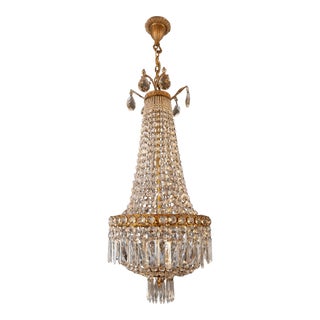 1920s Brass Empire Sac a Pearl Chandelier Crystal Lustre Basket Lamp For Sale