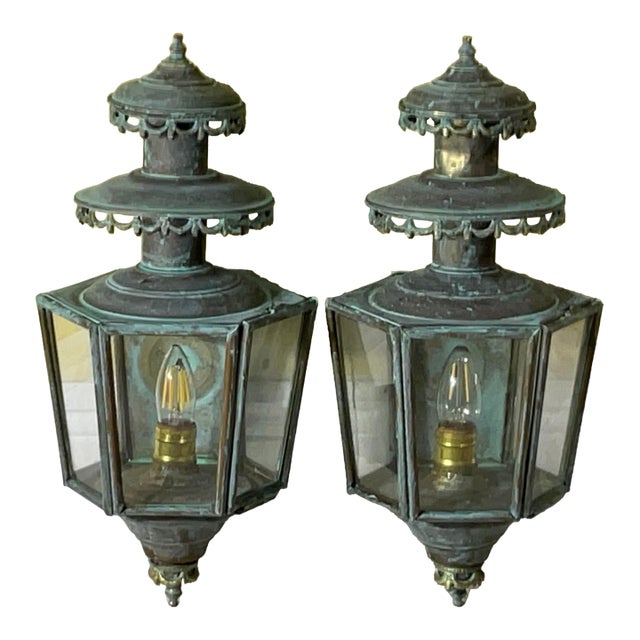 Antique/Vintage Pair of Solid Brass Patina Exterior Wall Lanterns / Sconces For Sale