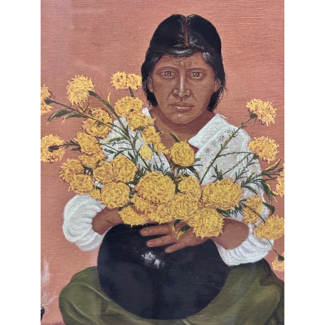 Figurative A Seated Indigenous Figure Holding a Large Cluster of Yellow flowers.Artist: Héctor Decont (Mexican, 20th Century) For Sale - Image 3 of 11