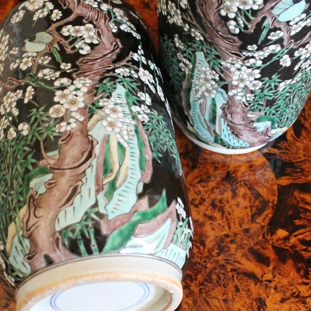 Pair of Large Famille Noir Chinese Porcelain Vases For Sale - Image 12 of 18