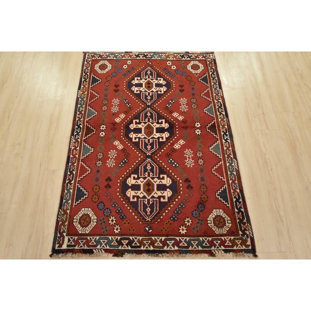 Farmhouse Shiraz Rug 3’9” X 5’3” Red Wool Vintage Tribal Hand-Knotted Oriental Carpet For Sale - Image 3 of 12