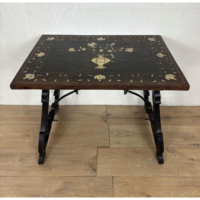 Spanish Baroque Style Side Table with Floral Marquetry Top and Ebonized Base, 1930 For Sale - Image 9 of 15