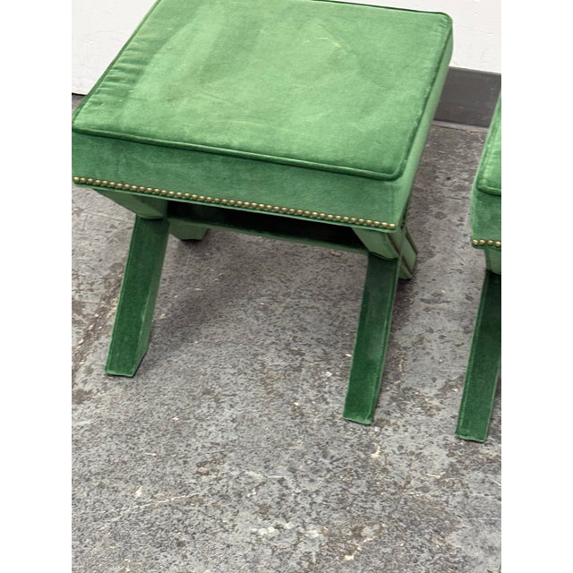 Textile Hollywood Regency Style Green Velvet X-Base Ottoman Stools, Pair For Sale - Image 7 of 12