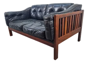 Mid-Century Modern Scandinavian Black Leather and Wood Monte Carlo Sofa by Ingvar Stockum, 1965
