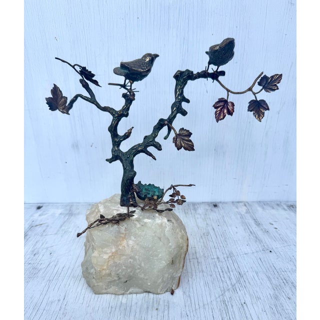 Mid-Century Modern Unusual Vintage Mid Century Modern Brass Tree Birds Nest Eggs Sculpture With Marble Base For Sale - Image 3 of 10