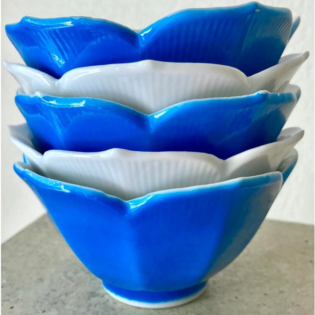 MidCentury Porcelain Nesting Lotus Bowls in Sea Blue & White Set of
