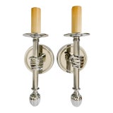 1990s Jacques Adnet Style Polished Nickel Hand Sconces, Wall Lamps - A Pair For Sale