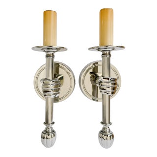 1990s Jacques Adnet Style Polished Nickel Hand Sconces, Wall Lamps - A Pair For Sale