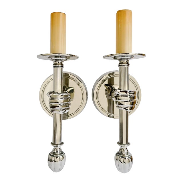 1990s Jacques Adnet Style Polished Nickel Hand Sconces, Wall Lamps - A Pair For Sale