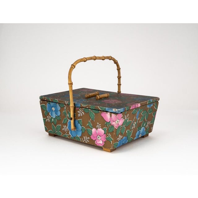 Mid-Century Sewing Basket with Bamboo Handle & Floral Decor, 1970s For Sale - Image 10 of 18