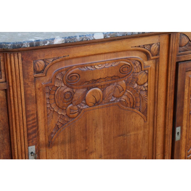 Art Deco Antique French Art Deco Marble Top Sideboard Buffet Cabinet | Carved Solid Wood Bar Cabinet | Circa 1920s For Sale - Image 3 of 18