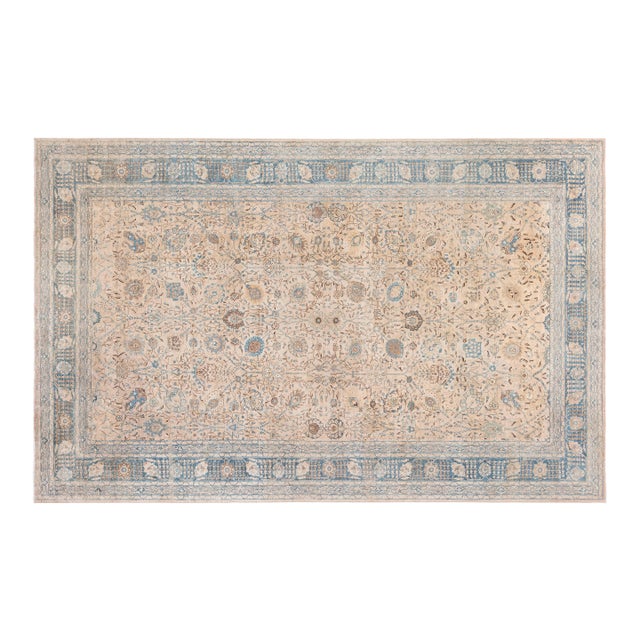 Authentic Persian Tabriz Beige Green Handmade Wool Rug For Sale