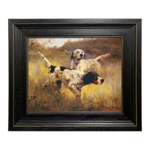 English Setters Oil Painting Print on Canvas in Distressed Black Frame- an 8" X 10" Framed to 11-1/2" X 13-1/2"
