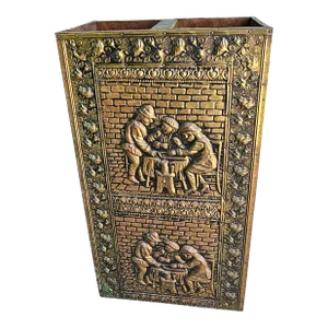 19th Century Wood and Fugural and Floral Etched Brass Umbrella and Cane Stand