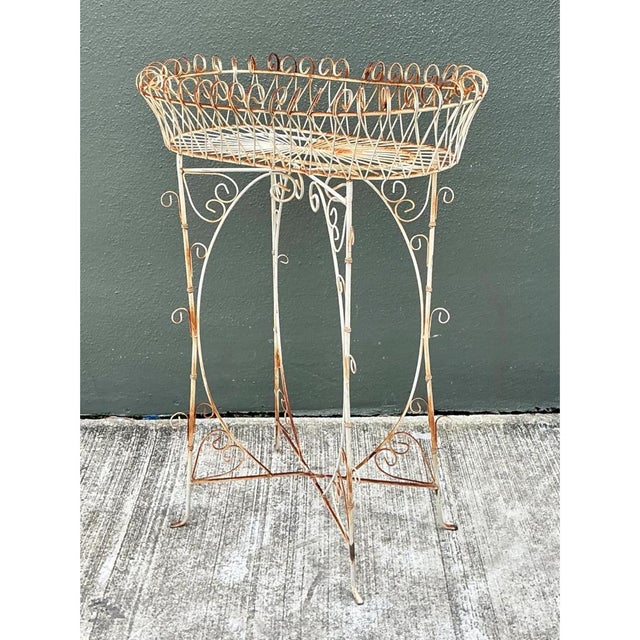 French Country Vintage Iron Scrollwork Plant Stand For Sale - Image 3 of 12