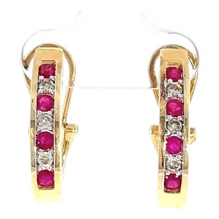 Ruby & Diamond J-Hoops in 14k Yellow Gold (0.50ct Ruby, 0.26ct Diamond), Pair For Sale