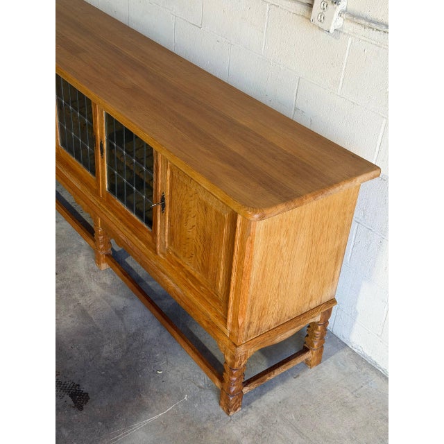 1960s Oak Sideboard Cabinet Leaded Glass Doors in Style of Henning Kjaernulf Denmark 1960s For Sale - Image 5 of 9