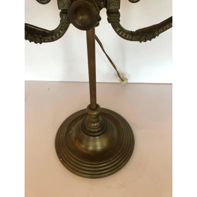 Bronze Electrified Bronze and Double Cased Green Glass Lampshade Original Oil Lamp For Sale - Image 8 of 12