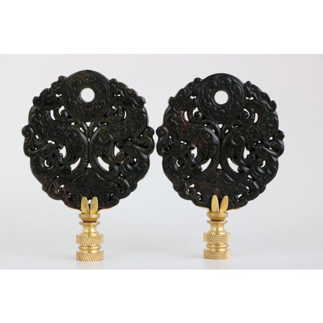 Chinese Guardian Dragon Carved Stone Lamp Finials on Brass Hardware For Sale - Image 3 of 4