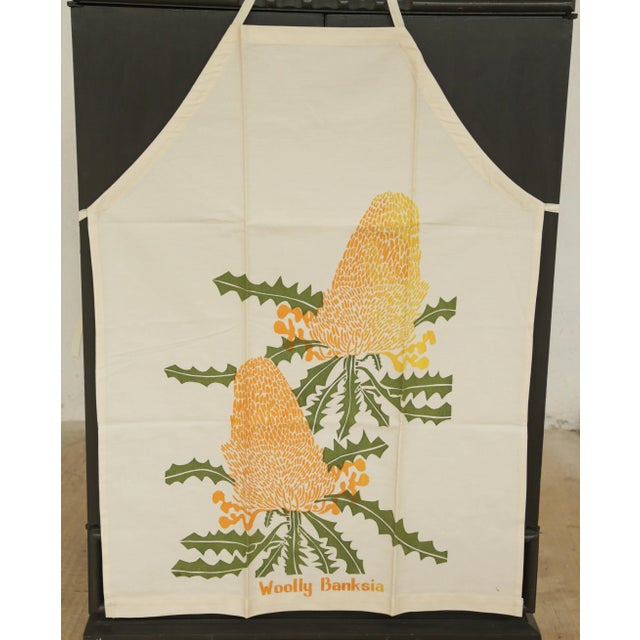Mid-Century Modern 70s Mid-Century Boho Apron (Never Used) With Screen-Printed Thistle Motif in Warm Yellow and Olive Green For Sale - Image 3 of 11