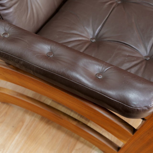 Wood 1970s Brown Leather Sofa Teak Sculptural Form For Sale - Image 7 of 15