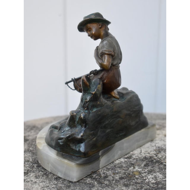 Bronze Heinrich W Hirschen Bronze Fishing Boy Antique Austrian Figure With Onyx Base For Sale - Image 8 of 17