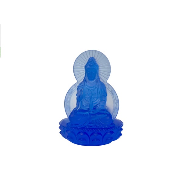 Glass Blue Frosted Crystal Glass Lotus Base 2 Sides Bodhisattva Guanyin Figure For Sale - Image 7 of 11