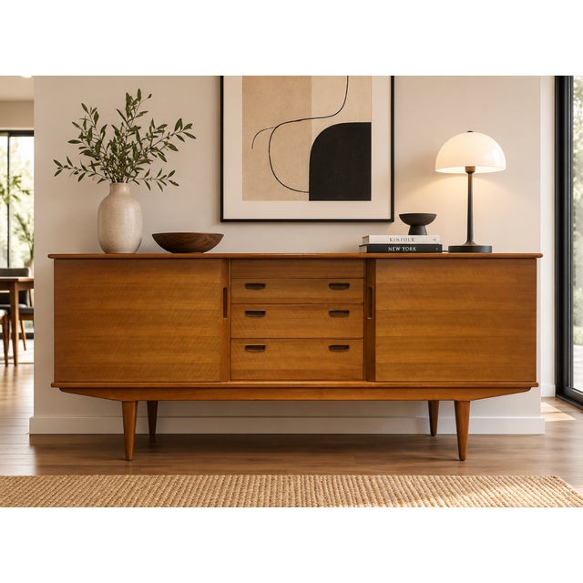 An exceptional Mid Century Modern Walnut Sideboard, beautifully crafted in England and showcasing clean lines, understated...