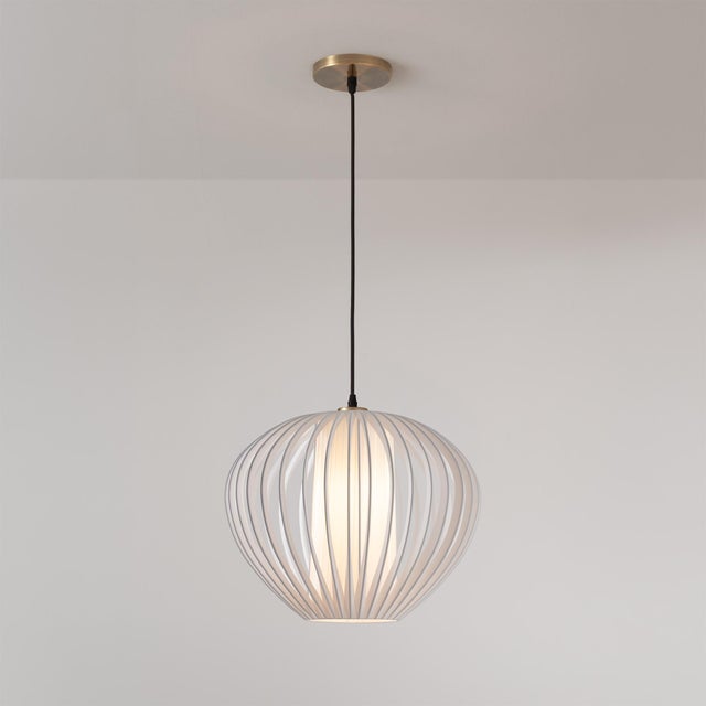 2020s Bloom Pendant Light 14" D by Nova of California - White Satin Shade, Weathered Brass, Dimmable Bulb Included For Sale - Image 5 of 7