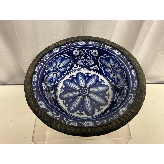 Vintage Large Porpcelain Chinoiserie Blue White Brass Rim Decorative Bowl. Beautiful accent. Great for entry piece. Heavy...