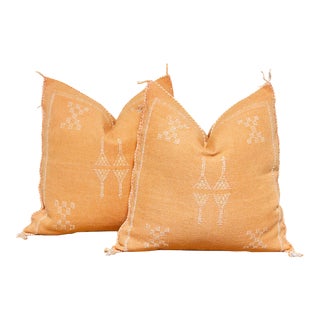 Pair of Tangerine Color Moroccan Cactus Silk Pillows For Sale