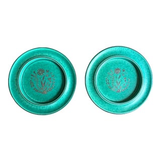 1940s Wilhelm Kåge for Gustavsberg Pair of Floral “Argenta” Teal Stoneware Plates, Sweden For Sale