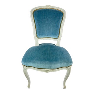 Vintage Louis XV Style Painted Wood Chair With Blue Velvet Upholstery For Sale