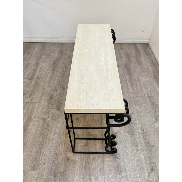 White Wrought Iron Travertine Top Console Table For Sale - Image 8 of 10
