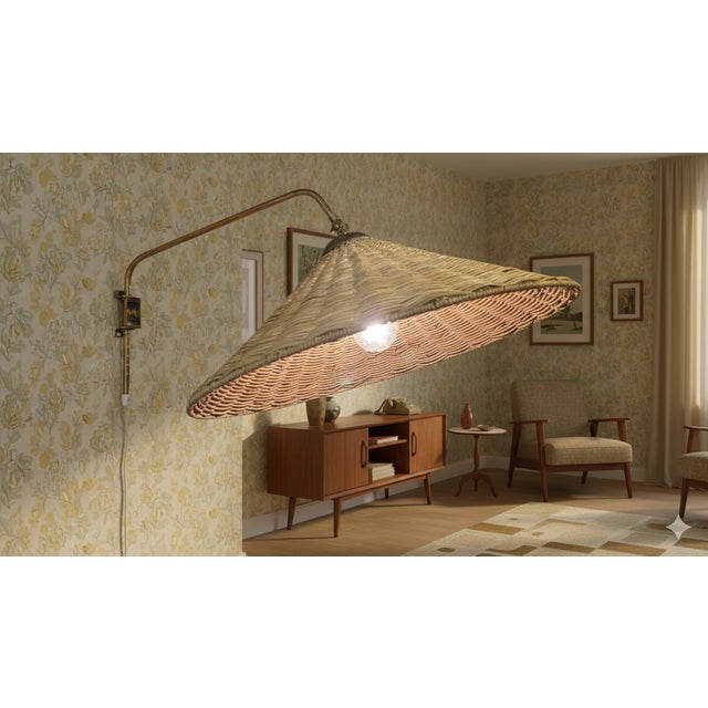 Wood Vintage Finnish Brass and Rattan Wall Lamp by Valinte Oy, 1950s For Sale - Image 7 of 15