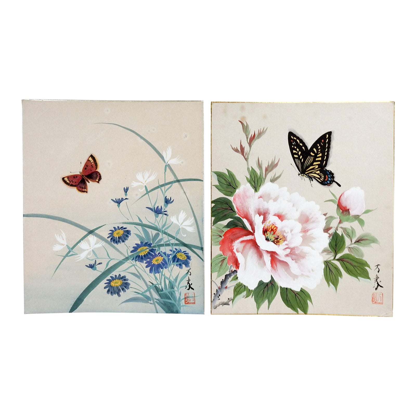 Vintage Mid-Century Japanese Floral & Butterfly Watercolor