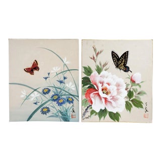 Vintage Mid-Century Japanese Floral & Butterfly Watercolor Paintings - a Pair For Sale