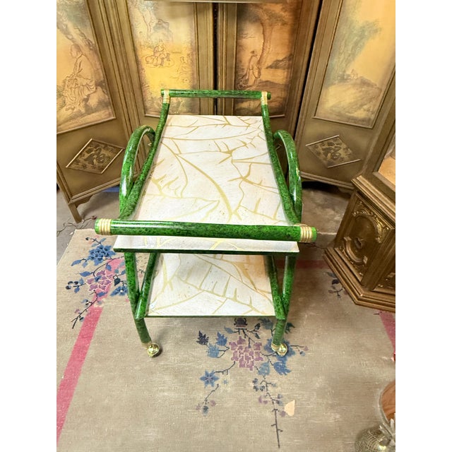 Aldo Tura Exquisite Vintage Mid-Century Aldo Tura Style Rattan and Faux Malachite Bar Cart - Newly Painted For Sale - Image 4 of 11