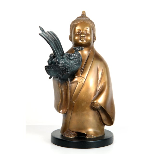 Vintage 1980's Brass Chinese Child With Ship Toy Decorative Figure For Sale - Image 9 of 9