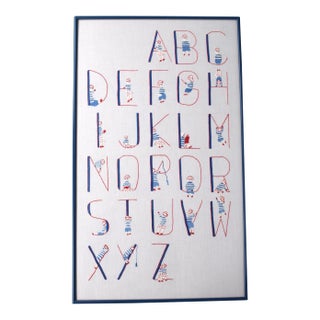 Mid 20th Century Hand-Stitched/ Embroidered Red/ White & Blue Alphabet Linen Children's Sampler For Sale