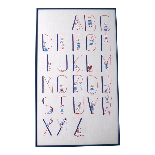 Mid 20th Century Hand-Stitched/ Embroidered Red/ White & Blue Alphabet Linen Children's Sampler For Sale