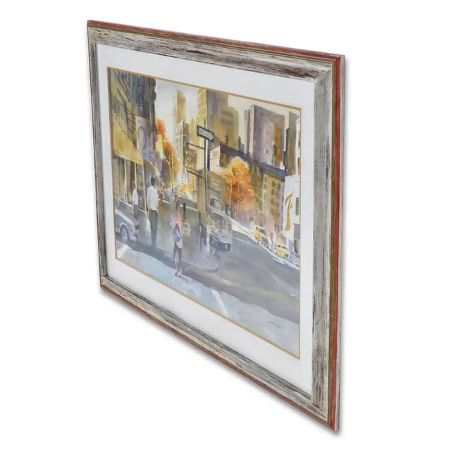 1990s James C. Borden Large Cityscape Street Scene Watercolor Painting Cerused Frame For Sale - Image 11 of 14