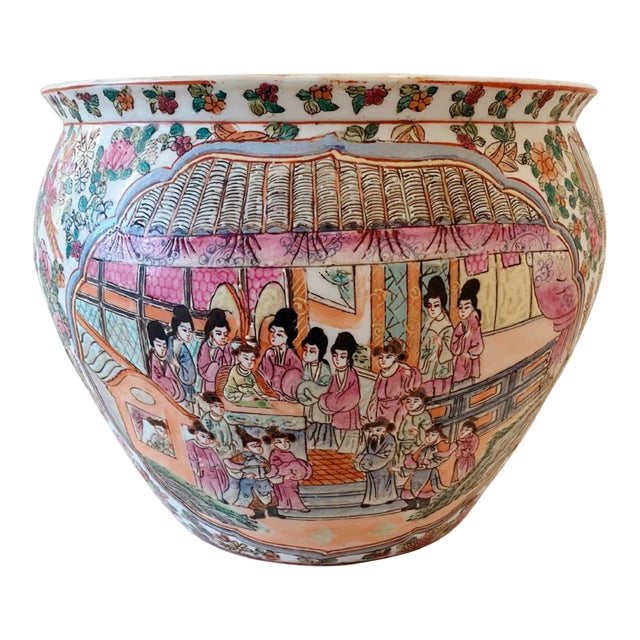 Mid 20th Century Hand Painted Chinoiserie Planter Vase Bowl For Sale