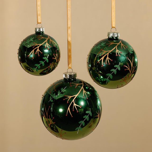 Contemporary Shiny Green Metallic Glass Ball Gold Leaf & Twig Ornaments, Set of 6, 4" For Sale - Image 3 of 3