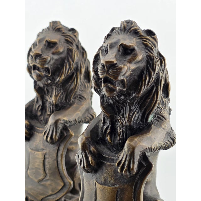 Rare Antique Pair of Victorian-Era Bronze Lion Rampart Bookends on Pedestal. For Sale - Image 14 of 16